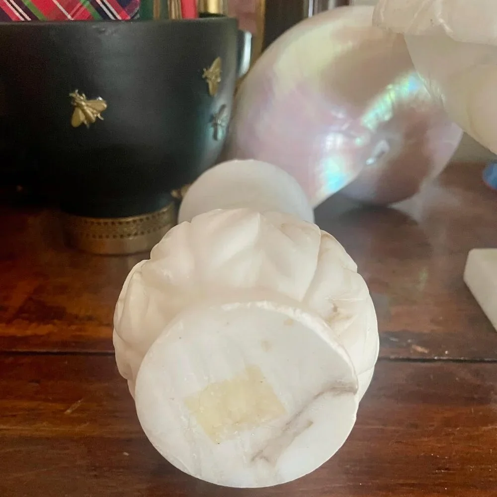 Vintage Hand-Carved Alabaster Vase Creamy White Stone Decorative Urn Leaf Design - Picture 6 of 10